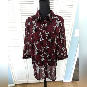 Attention Top Women sz 1X Woven Tunic Burgundy Floral Lightweight 3/4 Sleeve